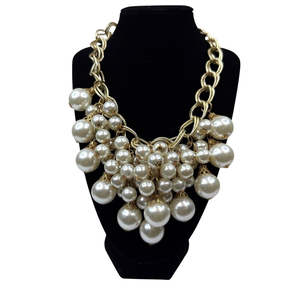 Chunky Gold Tone Chain Faux Pearl Bib Statement Necklace Fashion Jewelry 17"
